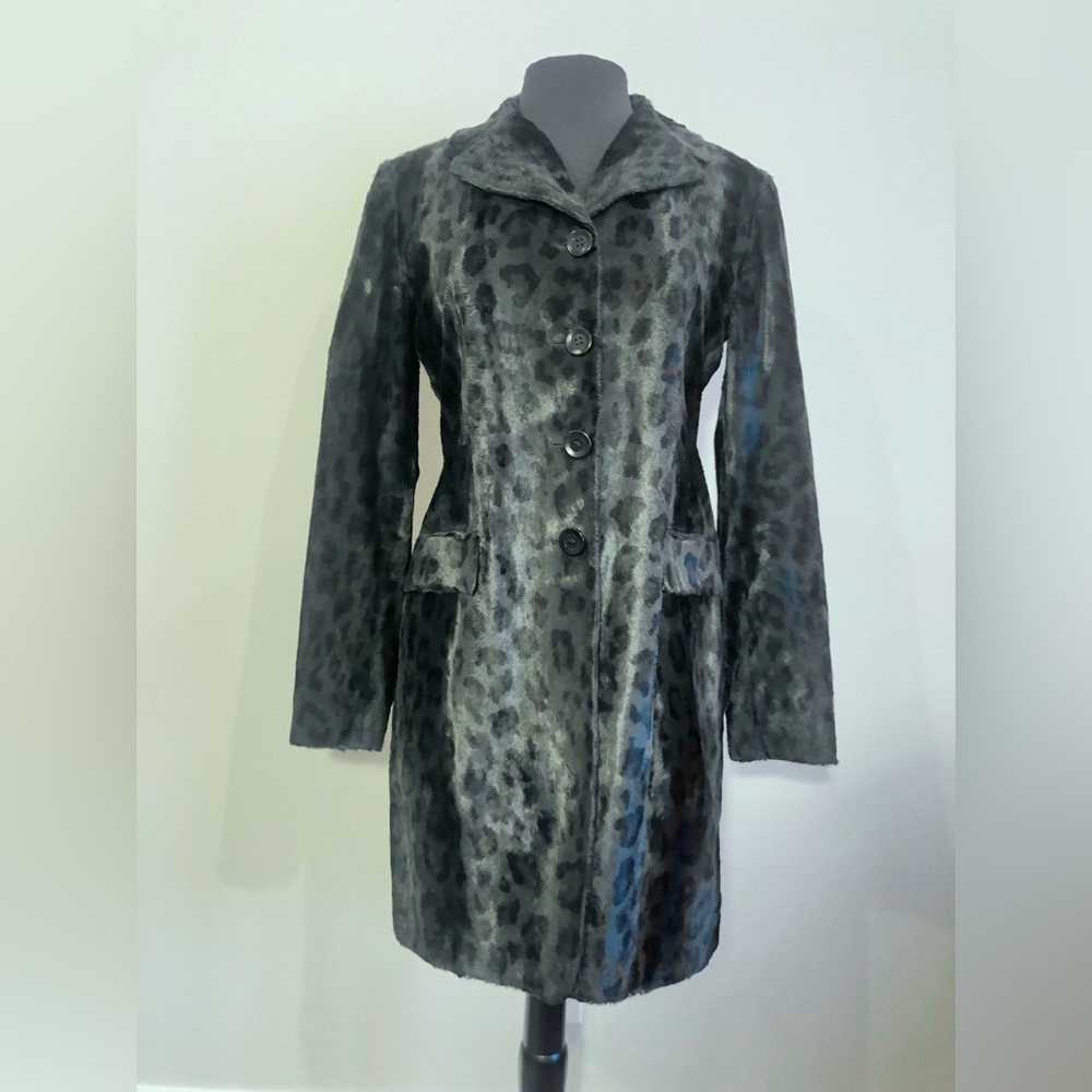 Vintage Tahari Menswear Style Sheared Leopard Print Faux Fur Reefer Coat Size S